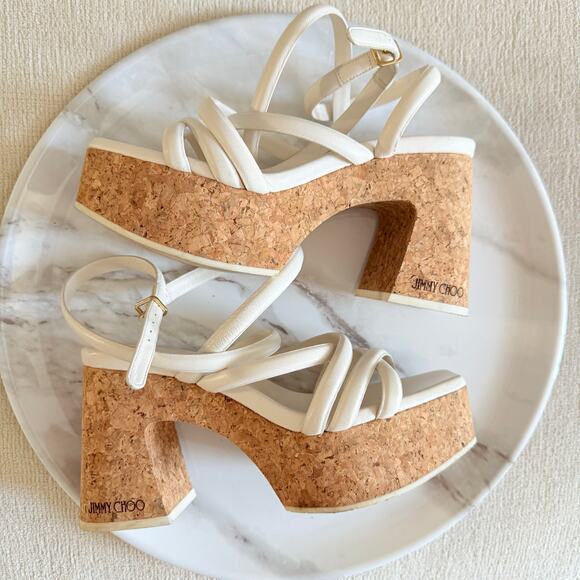 Jimmy Choo Shoes - Jimmy Choo Cecelia White Platform Sandals Cork Block Heels 95 Latte Leather